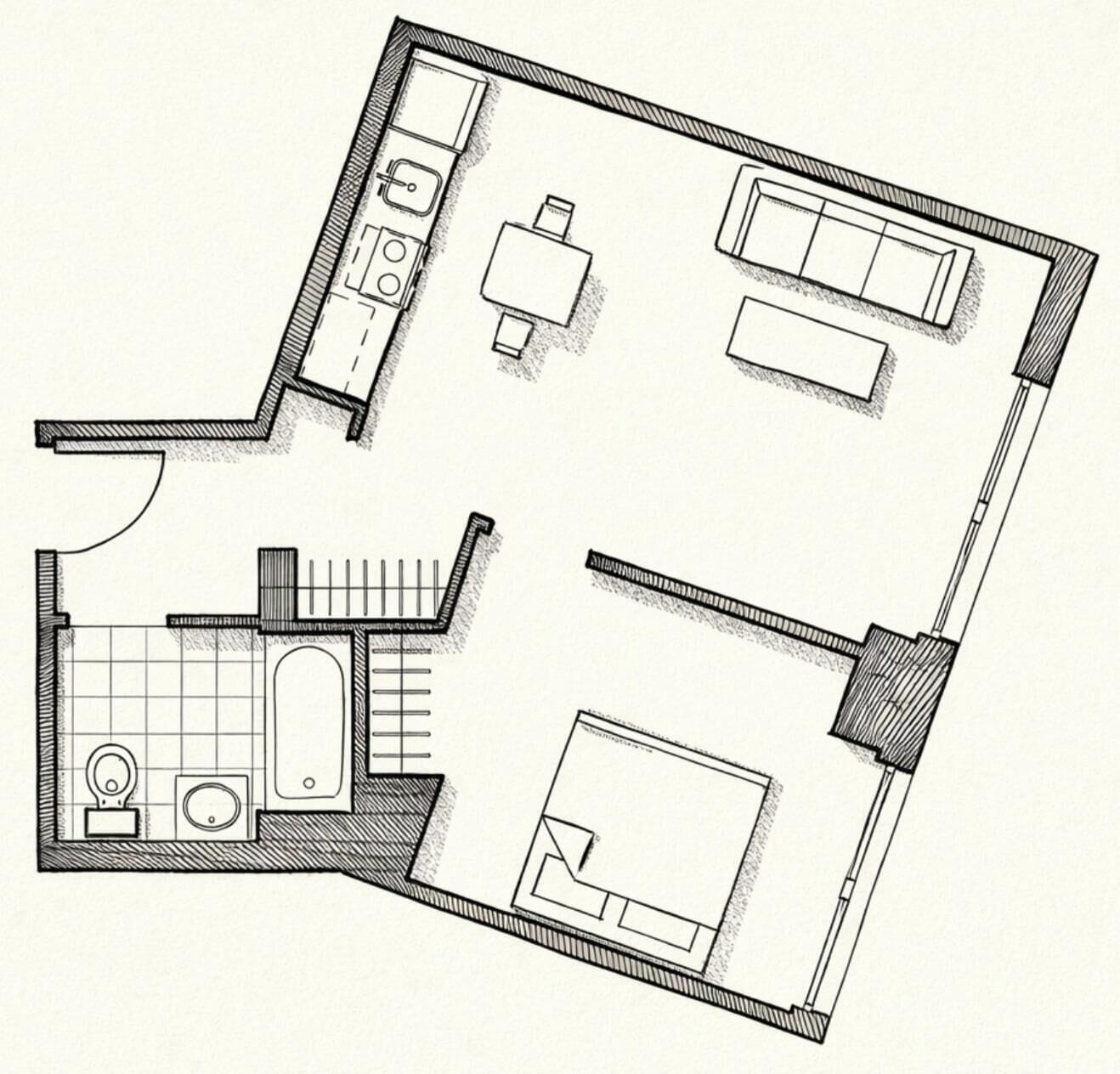 Plano de planta que muestra una cocina, comedor, dos dormitorios y un baño.