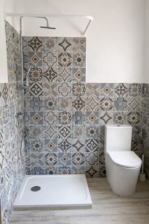 Regadera, secadora de cabello, toallas, papel de baño 