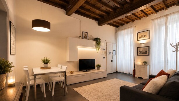 Uma sala de estar moderna com área de jantar, sofá, televisão e teto com vigas aparentes.