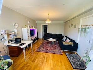 A living room with a wooden floor, a black sofa, a white entertainment unit, and a red rug. - Room-charming Apartment With Private Ent (Uppsala)