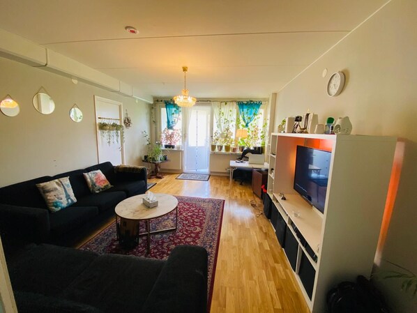 A living room with a sofa, coffee table, TV, and a dining area with a table and chairs. - Room-charming Apartment With Private Ent (Uppsala)