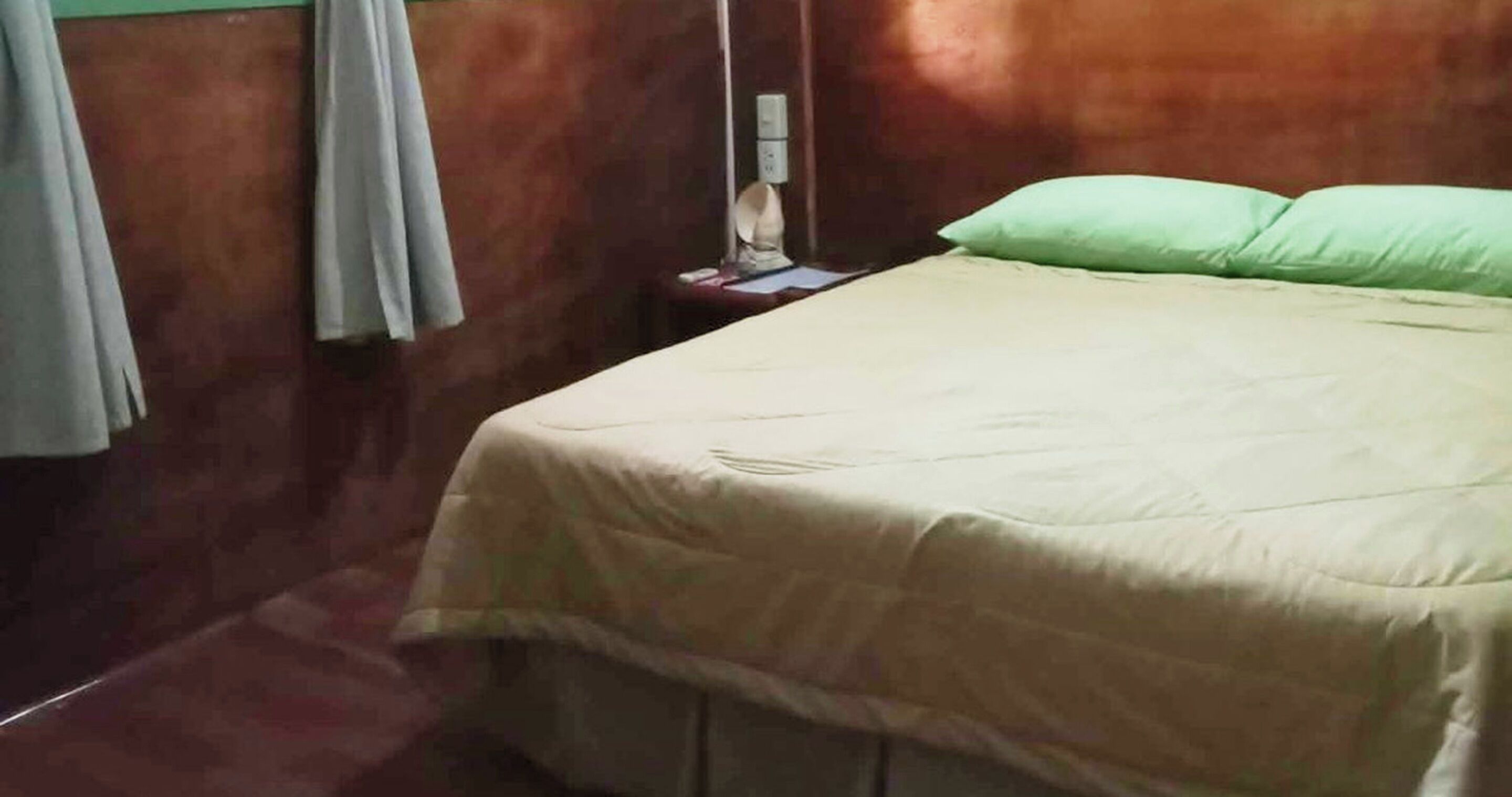 A bed with a beige bedspread and two pillows, a nightstand with a lamp, and a window with curtains.