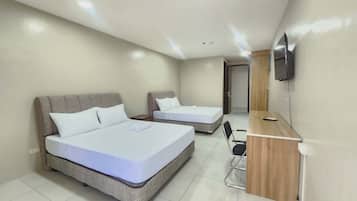 Desk, laptop workspace, free WiFi, bed sheets