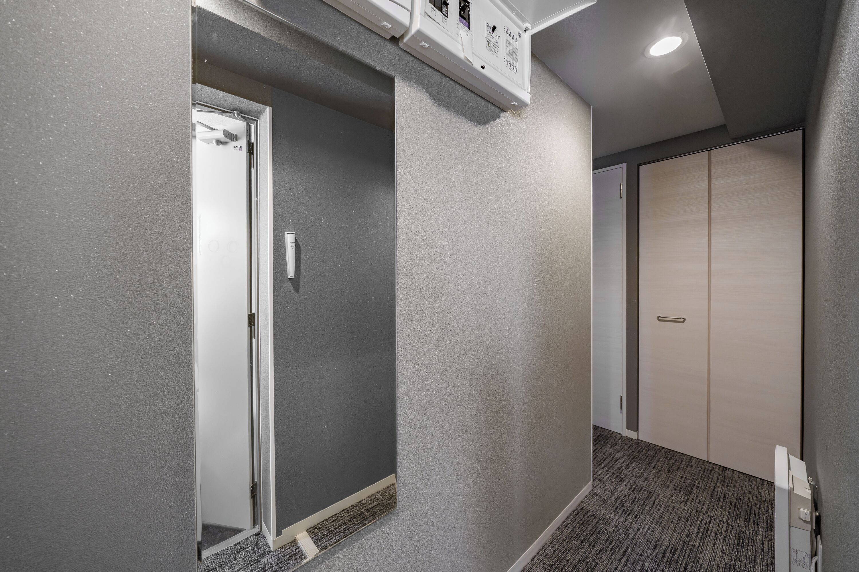 A hallway with a door, a light switch, and a thermostat on the wall.