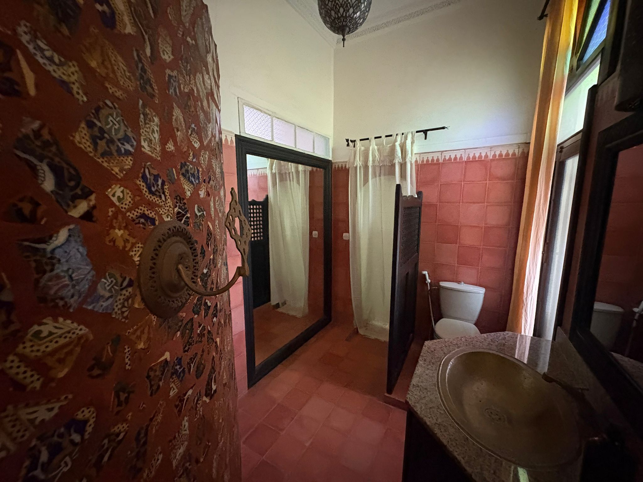 A bathroom with a patterned wall, a sink, and a toilet.