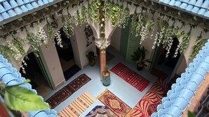 An indoor courtyard with hanging plants, a central tree, and patterned rugs on the floor. - Riad Zahrat Al Fajr (El Jadida)