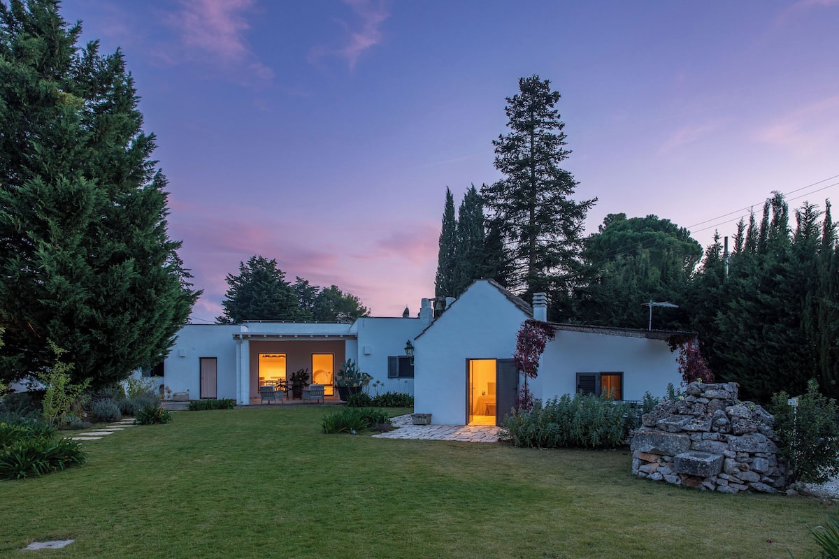 A modern house with a well-maintained lawn, a stone wall, and a large tree.