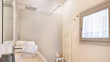 A modern bathroom with a large sink, a mirror, a shower, and a toilet.