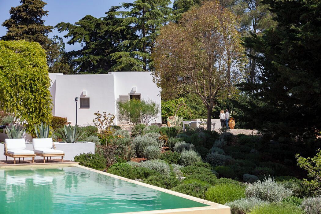 A pool area with lounge chairs, a white building with windows, and a garden with various plants.