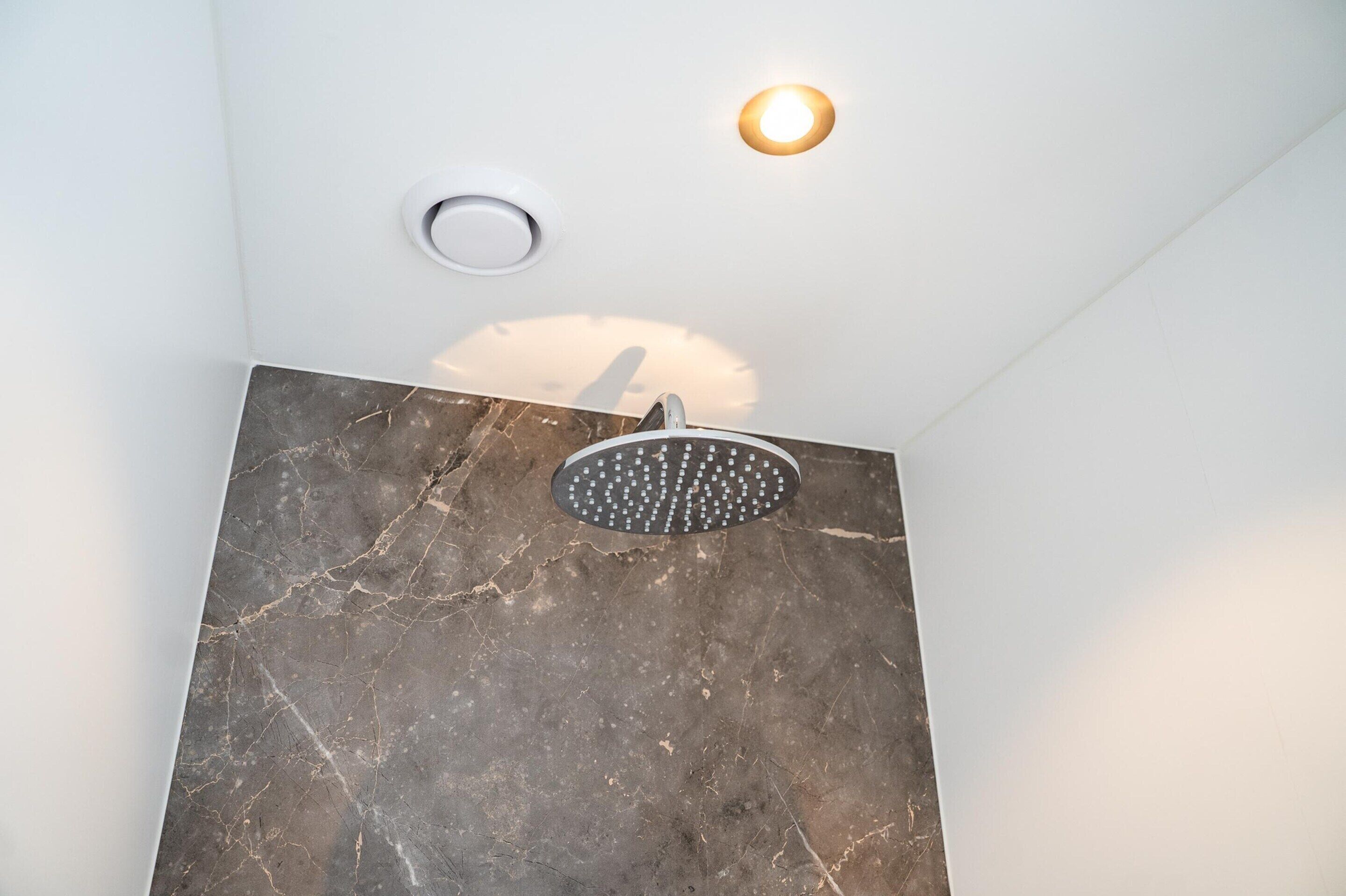 A showerhead mounted on a marble wall with a ceiling light fixture above it.