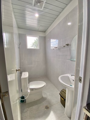 A small, modern bathroom with a toilet, sink, and shower. - Ferm's Residence B-spacious Apartment With Fast Wifi (Dauis)