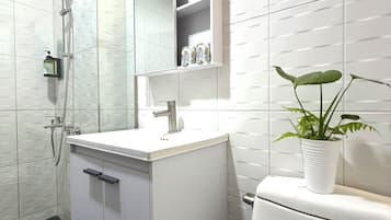 Shower, towels, shampoo, toilet paper