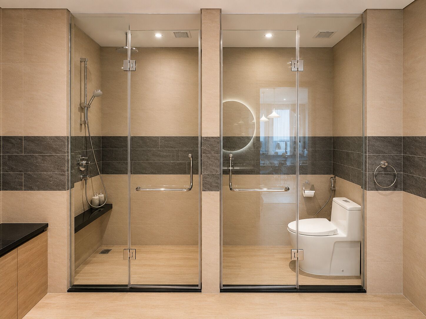 Un baño moderno con ducha envuelta en cristal, inodoro y tocador con espejo.