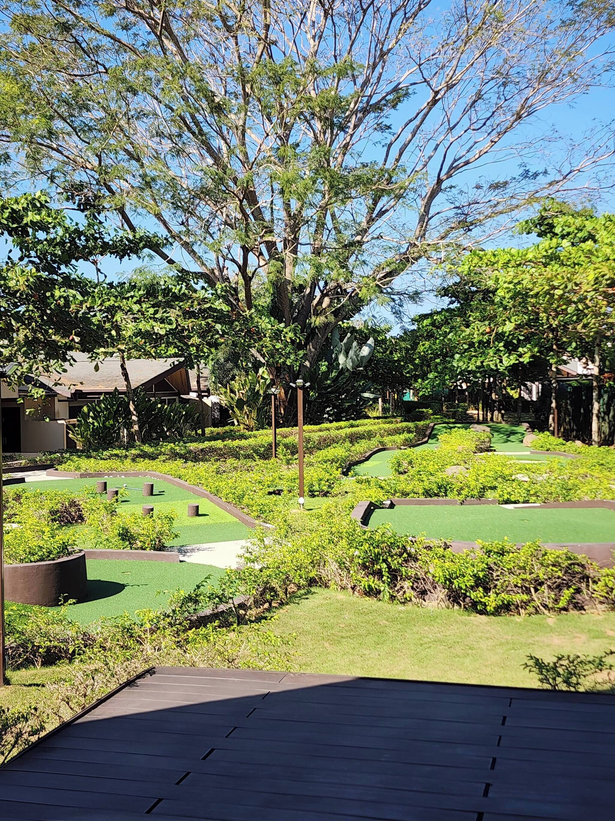 A landscaped garden with manicured lawns, pathways, and a variety of trees and shrubs.
