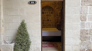 Una habitación con paredes de piedra, una cama, una planta en maceta y una alfombra roja con estampado.