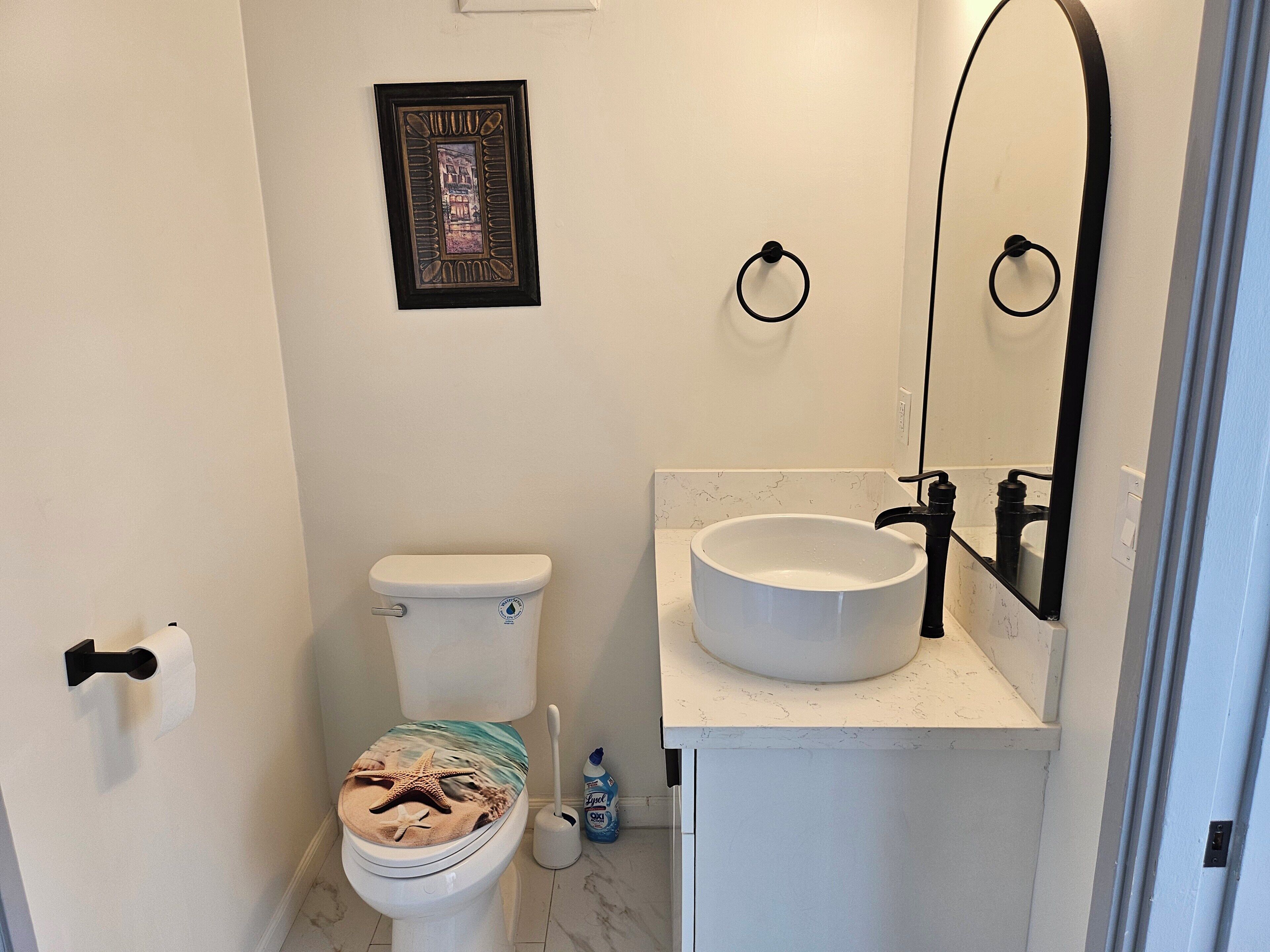 Ein Badezimmer mit Toilette, Waschbecken, Spiegel und einem gerahmten Bild an der Wand.