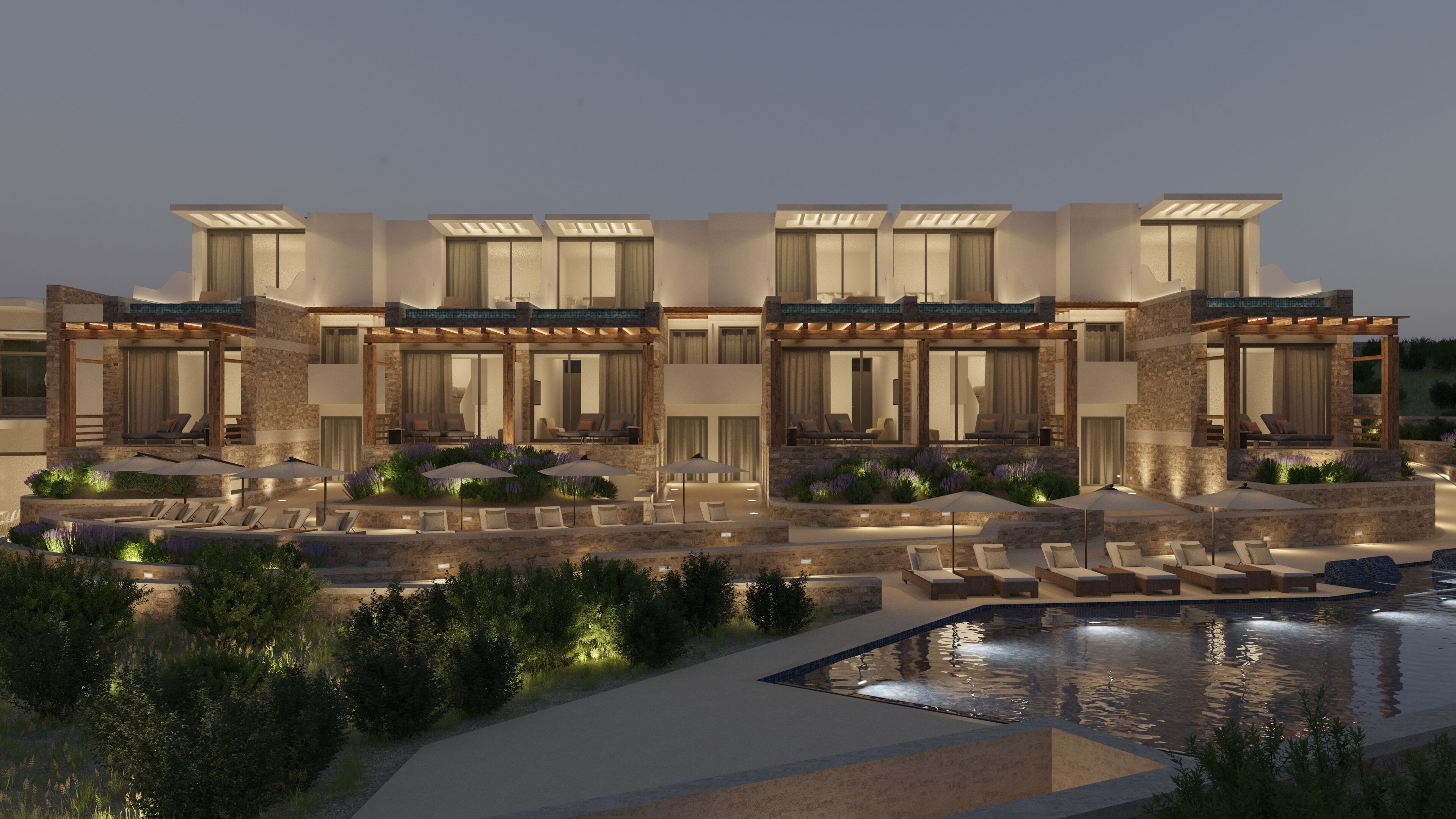 A modern multi-story hotel with outdoor seating areas and a pool.
