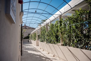 A covered walkway with a glass ceiling, surrounded by greenery and architectural columns. - Heritage Hotel Lucia (Dubrovnik)