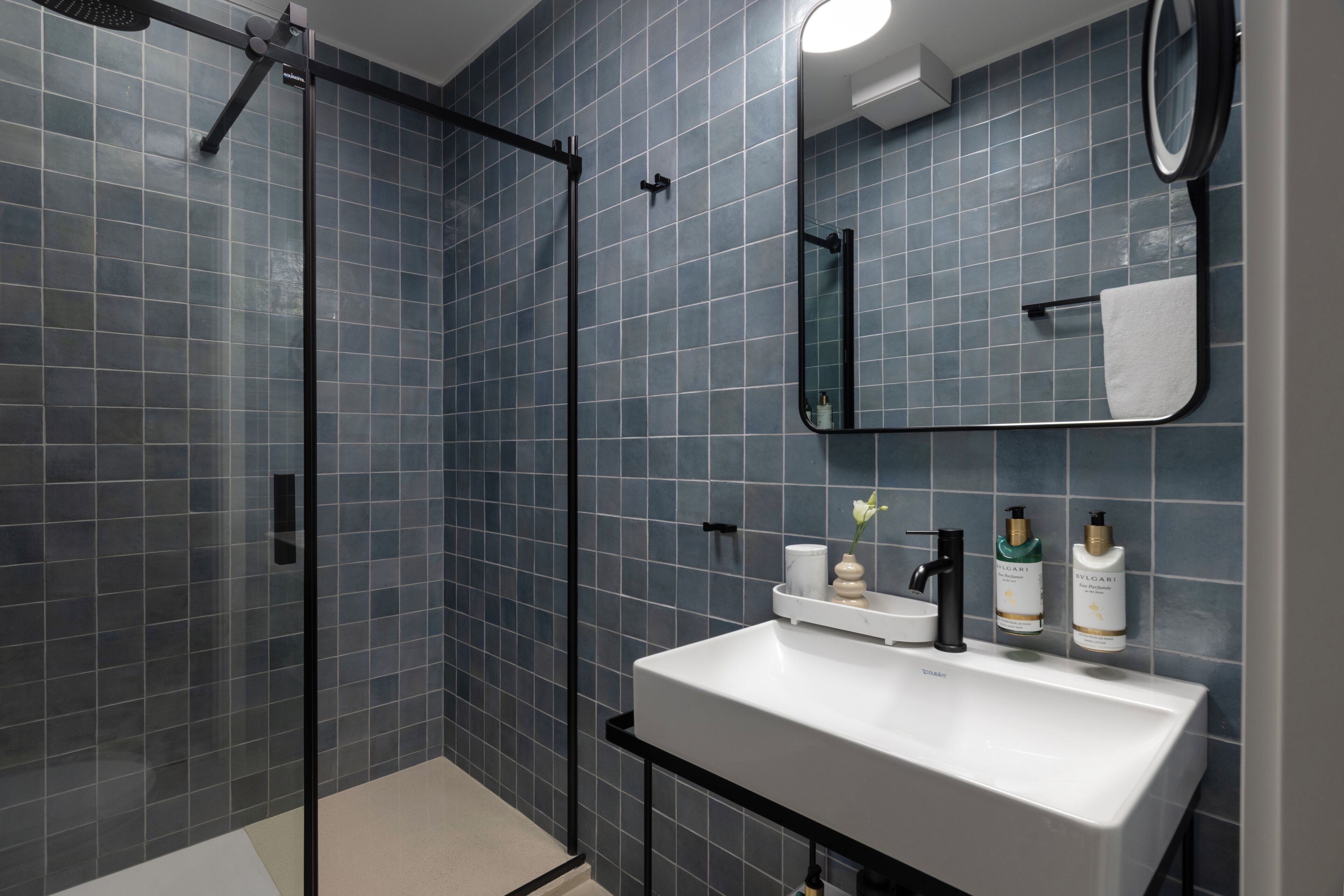 A bathroom with a glass shower enclosure, a white sink, and toiletries on the wall.