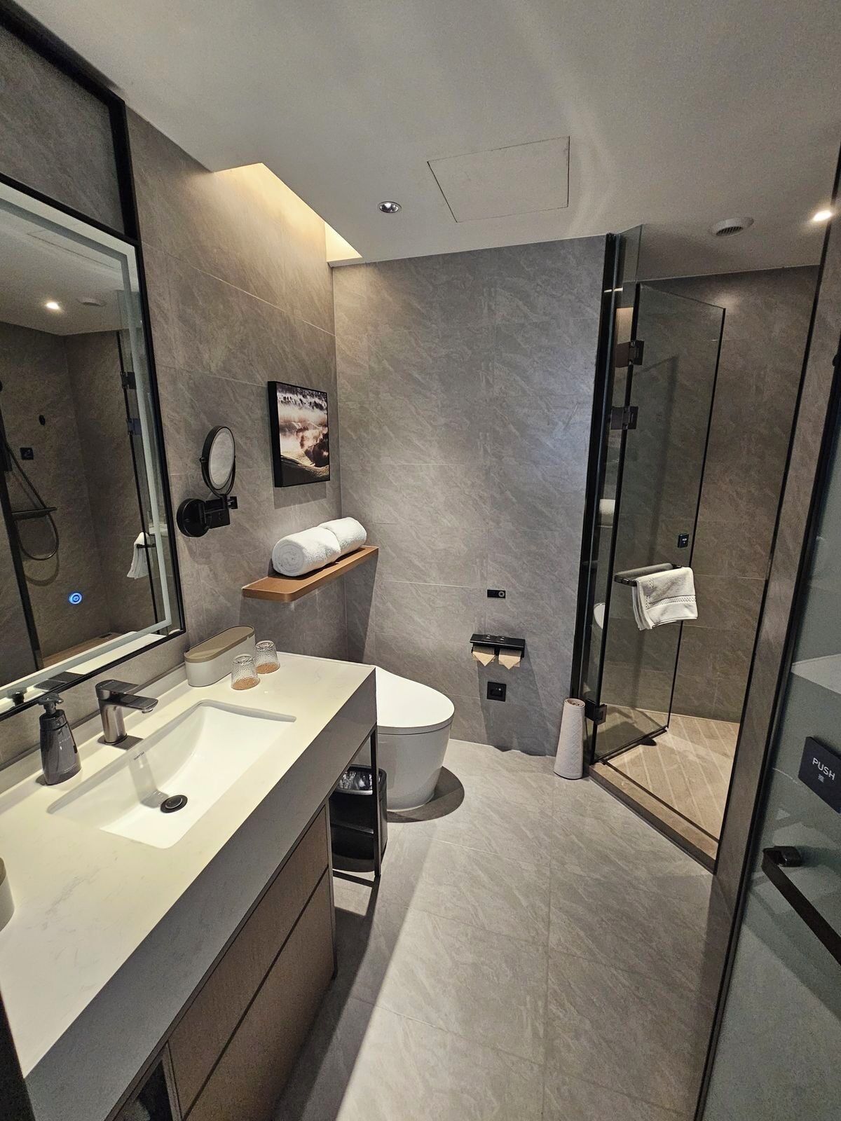 Hair dryer, towels, soap, toilet paper
