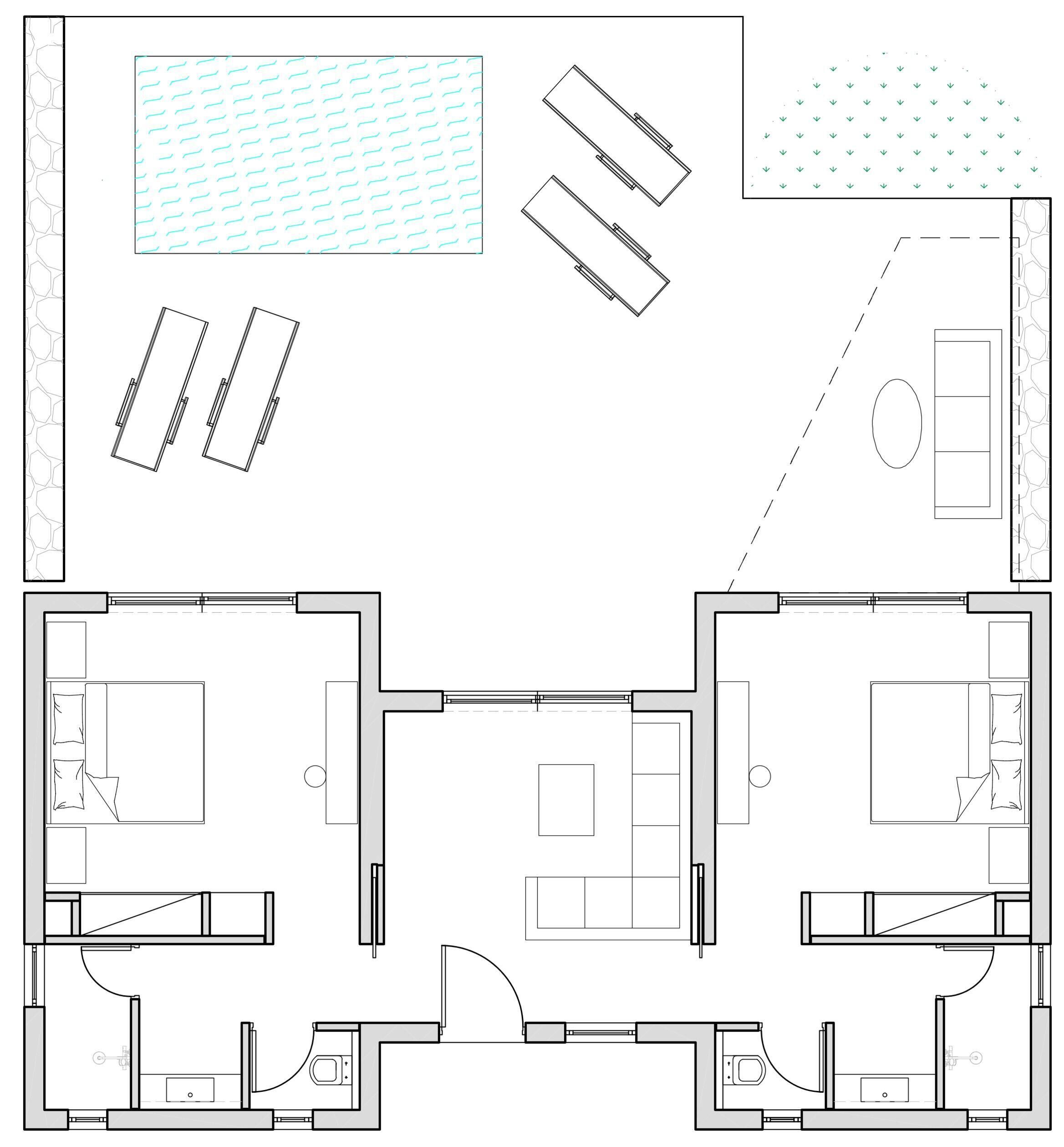 Pianta degli ambienti con due camere da letto, un bagno, una cucina e un soggiorno.