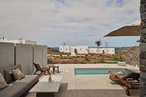 Un área junto a la piscina con sofá, sillas, una mesa y una tumbona.