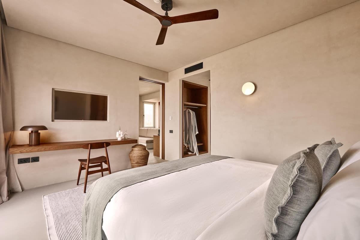 A bedroom with a bed, a desk, a chair, a ceiling fan, a mirror, and a wardrobe.