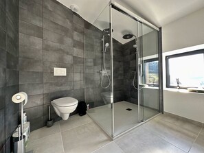 Shower, hair dryer, towels, toilet paper