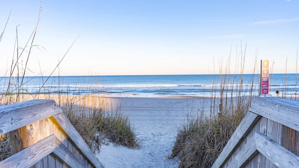 A wooden boardwalk leading to a beach with a sign that reads 'PACK IT IN DON'T LET IT OUT.' - The Lemon Twist at Carolina Beach (Carolina Beach)