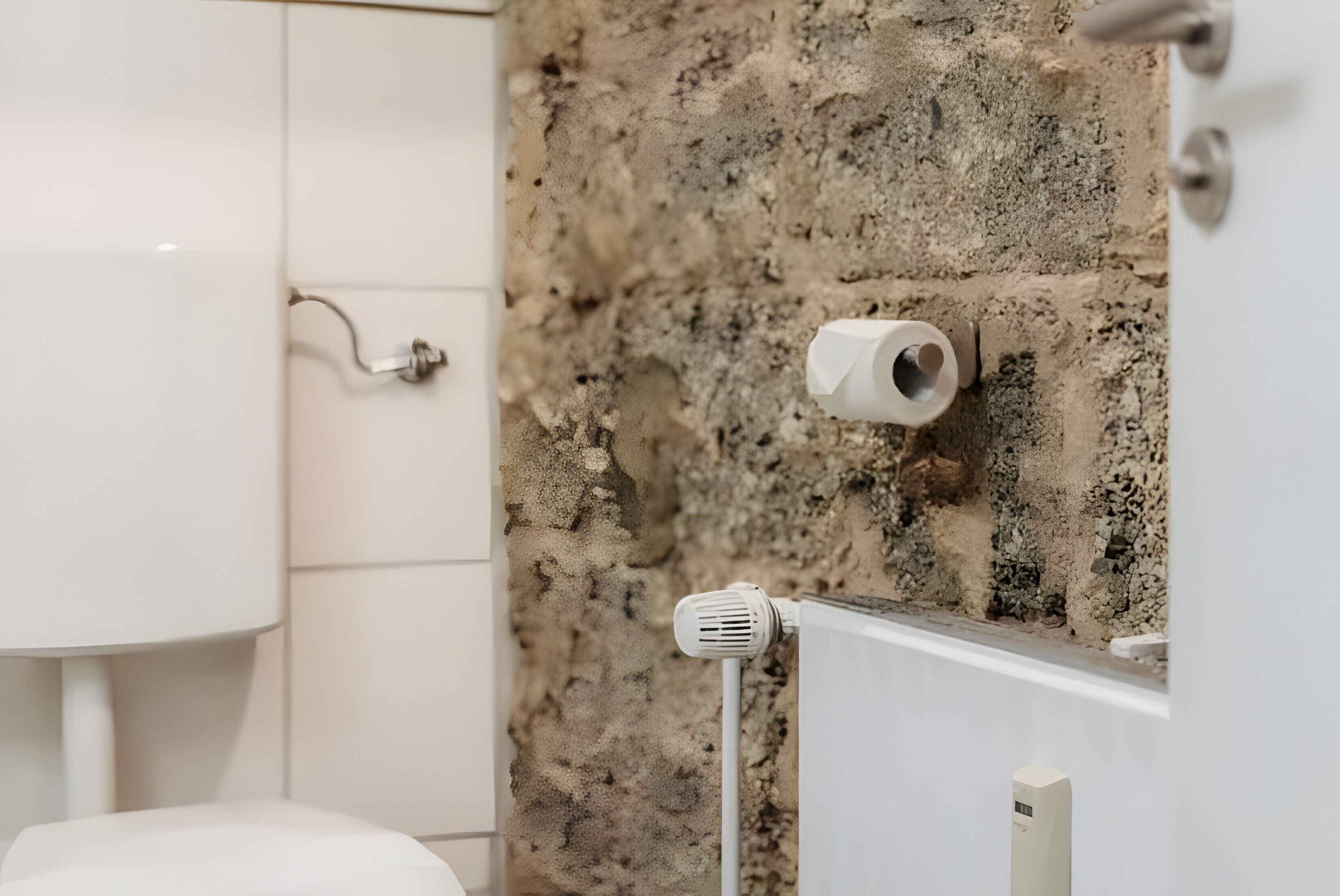 Un bagno con un water, un lavandino e un portarotolo fissato alla parete.