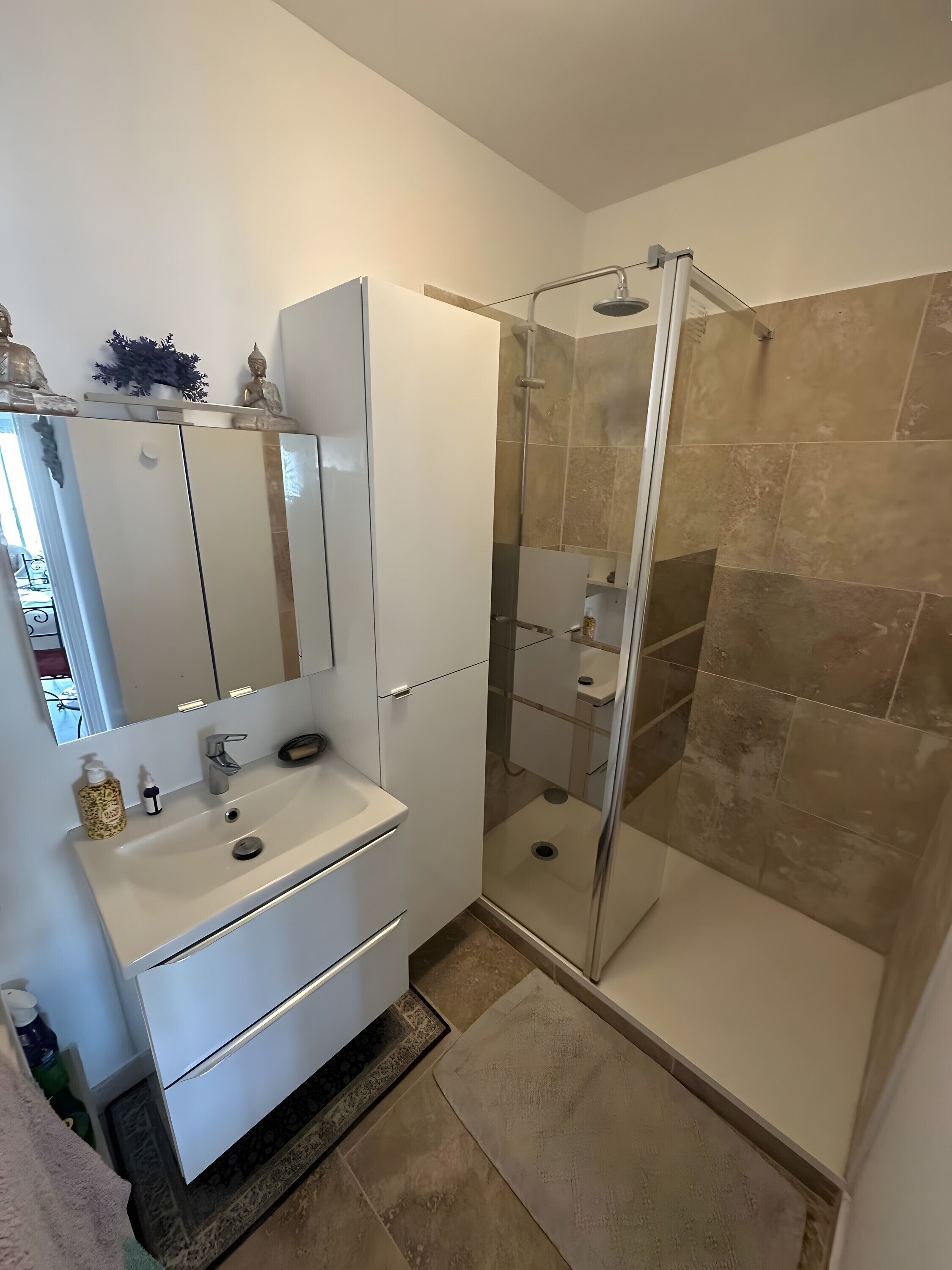 Chuveiro, secador de cabelo, toalhas de banho 