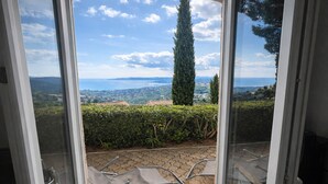 Vue depuis une porte-fenêtre coulissante donnant sur un patio extérieur, où l’on aperçoit une chaise en métal et une haie.