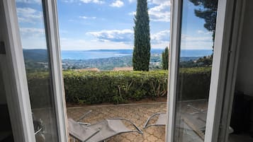 A view from a sliding glass door to an outdoor patio with a metal chair and a hedge.