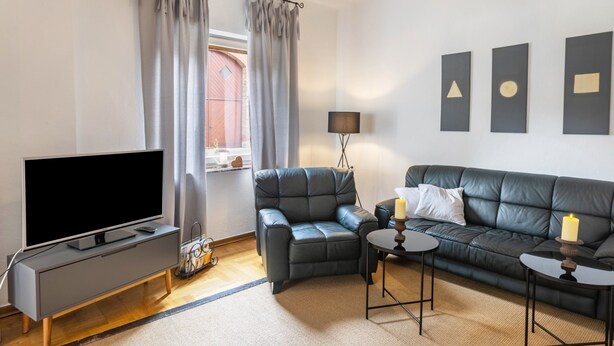 A modern living room with a flat-screen TV, leather sofa, and a small coffee table. - Apartment 'Hofhausnr3' with Private Terrace, Garden, and Wi-Fi (Warburg)