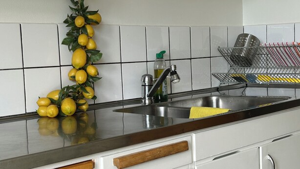 Una cocina con un lavamanos de acero inoxidable, armarios blancos y una decoración con un limonero.
