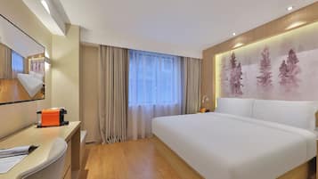 Desk, laptop workspace, blackout drapes, soundproofing