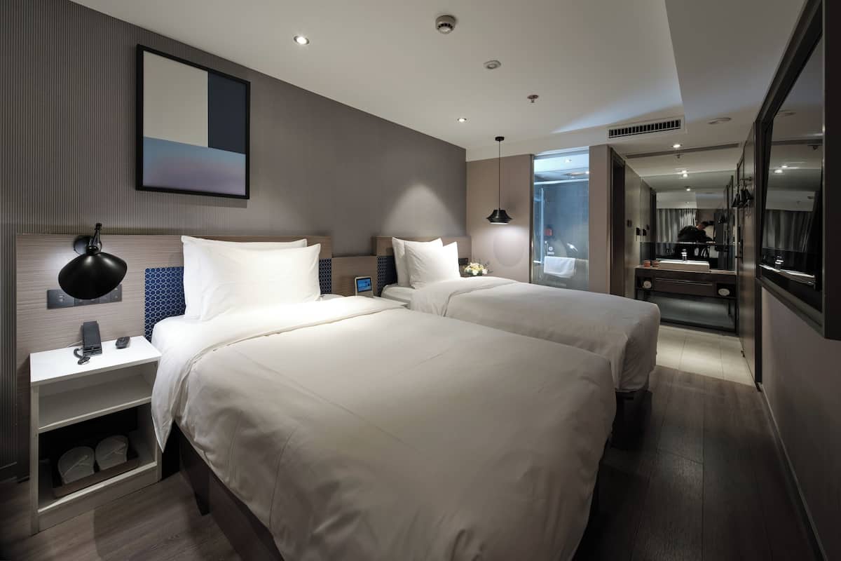 Fashion Twin Room - Internal View | Desk, laptop workspace, blackout drapes, soundproofing