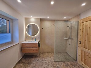 Shower, hair dryer, soap, toilet paper