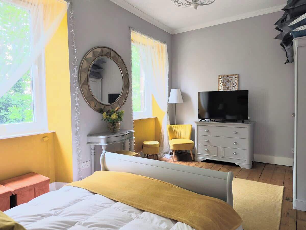 Un dormitorio con cama, cómoda, televisor y silla.