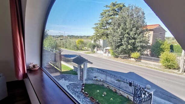 A room with a large window overlooking a street, a small garden area with a paved path, and a potted plant on the windowsill. - Paradise B&B. Your Exclusive Refuge in Castiglione del Lago! (Panicarola)