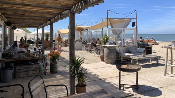 Un espace extérieur aménagé pour les repas, avec des tables et des chaises en bois, des plantes en pot et une vue sur la mer.