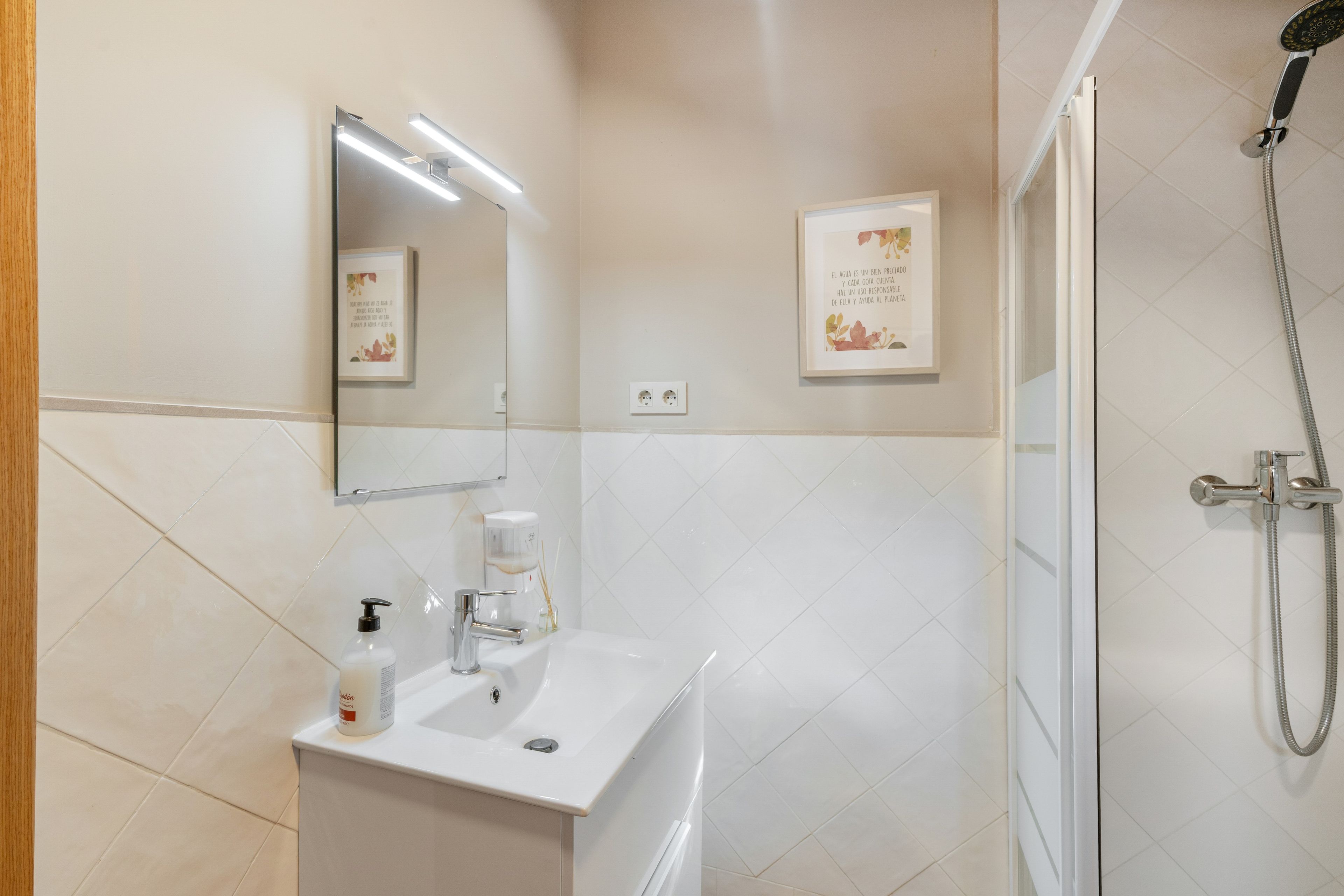 Une salle de bain avec un lavabo, un miroir et une douche.