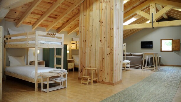 A room with wooden bunk beds, a green rug, a wooden wardrobe, a television, and a window. - The Rural Hostel in Mombeltrán, Ávila, Tiétar Valley (Mombeltrán)