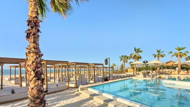 A poolside area with a clear blue pool, sun loungers, and palm trees.