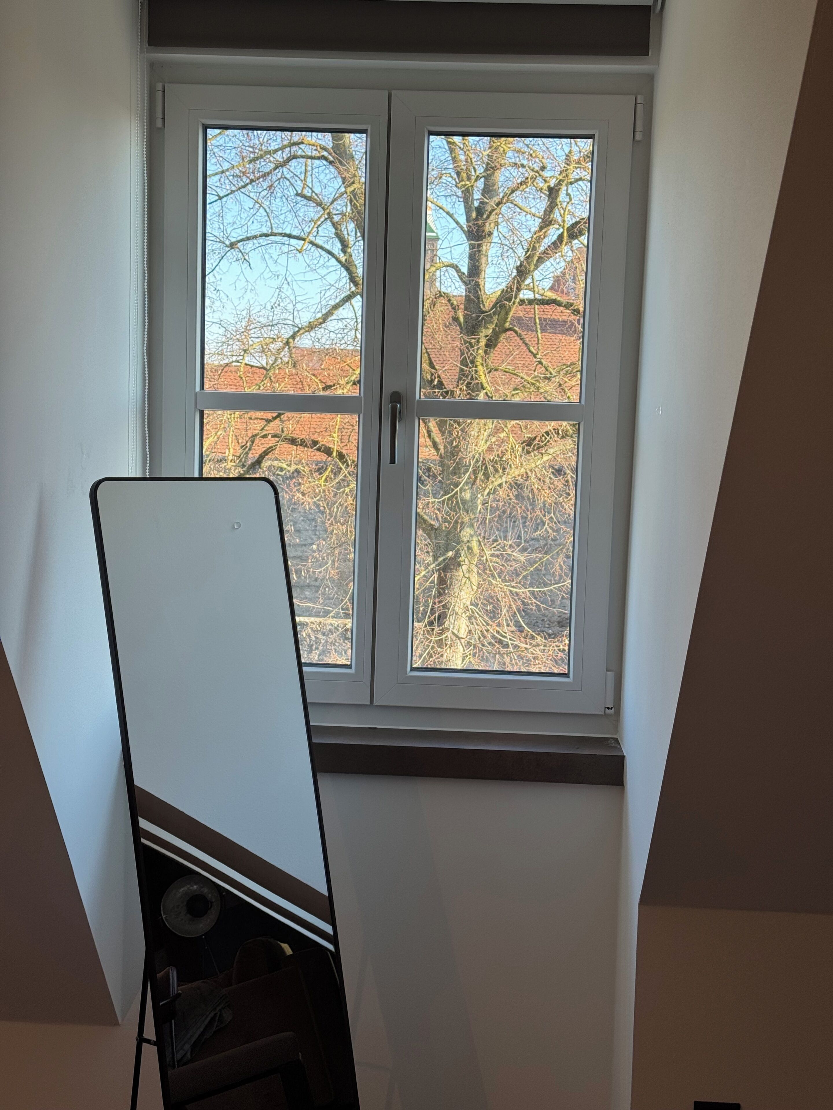 A room with a window overlooking a tree and a building.