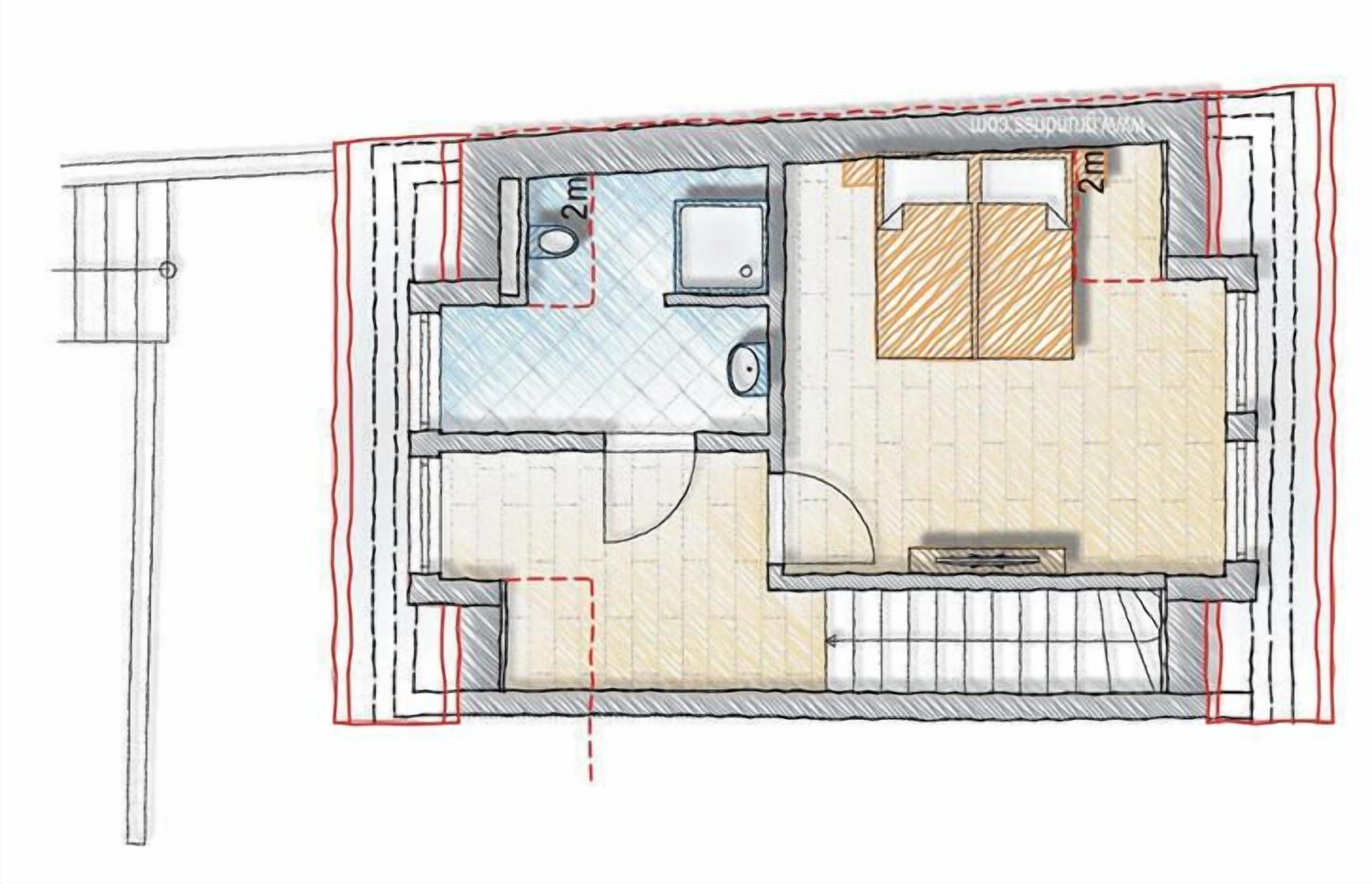 Un plan d’étage d’une chambre d’hôtel comprenant une salle de bain, un petit coin cuisine et un espace salon.