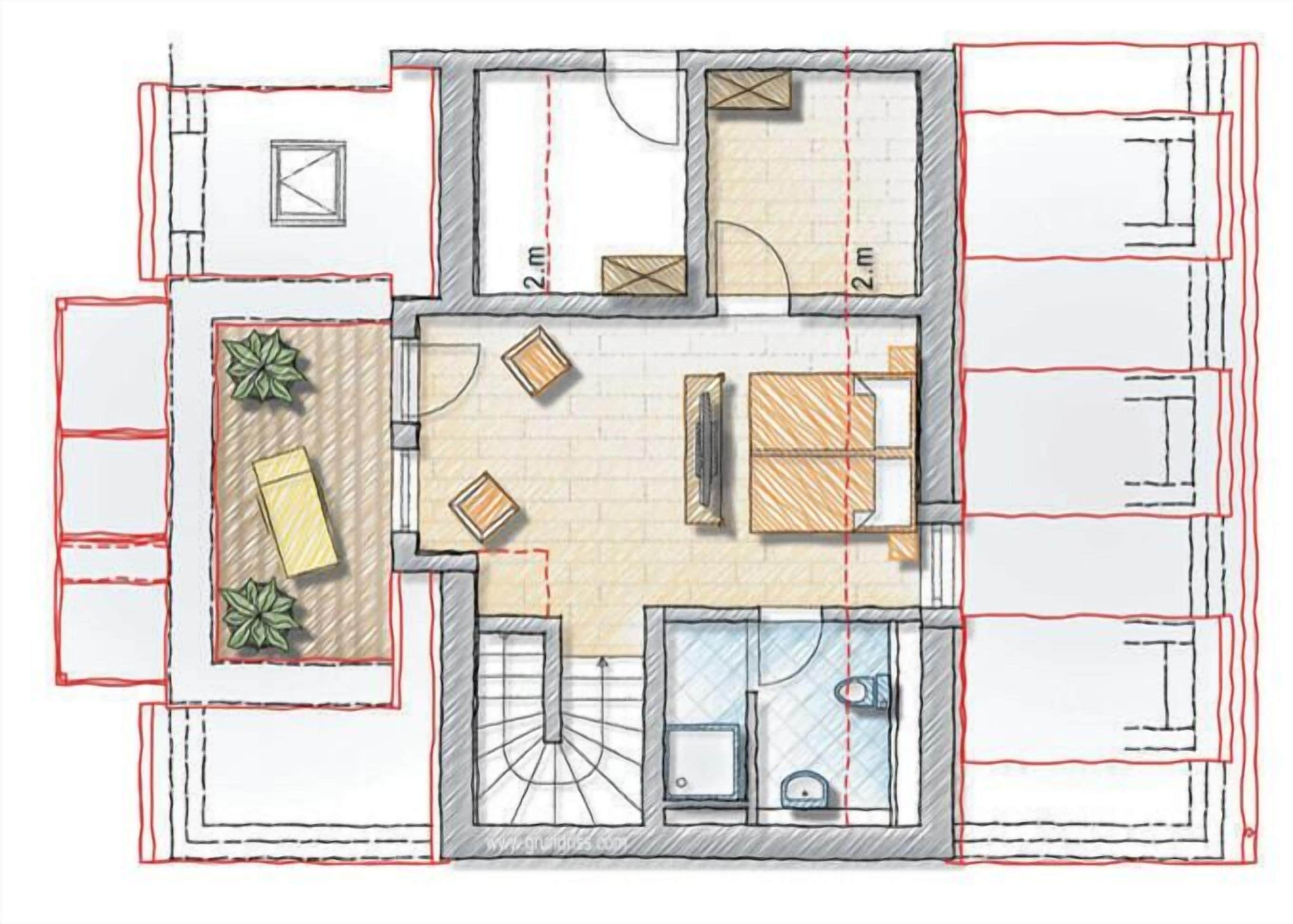 A floor plan with a living room, dining area, kitchen, two bedrooms, and a bathroom.