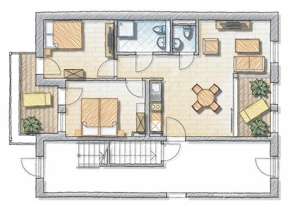 Un plan d’étage d’une chambre d’hôtel comprenant une kitchenette, un coin repas, une salle de bain et un petit espace extérieur aménagé pour s’asseoir.