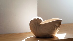 Eine strukturierte, gerippte Keramikschale auf einer Holztischplatte.