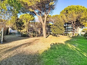 Un parc avec des arbres, une pelouse et une clôture.